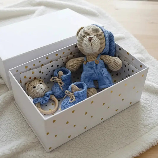 Crochet Cute Sleeping Teddy Bear Toy in Blue Jumper, Baby Booties and Rattle Toy Set 3pc