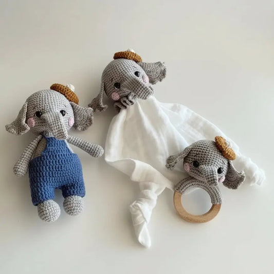 Crochet Newborn Sleeping Mate Elephant Toy Gift Set (3pc)