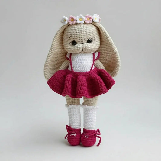 Handmade Crochet Bunny Doll in a Fancy Burgundy Dress with a Daisy Headband