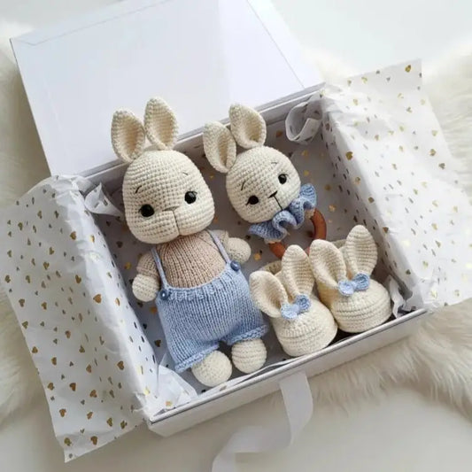 Handmade Crochet Bunny in Blue Jumpsuit Toy Gift Set (3pc)