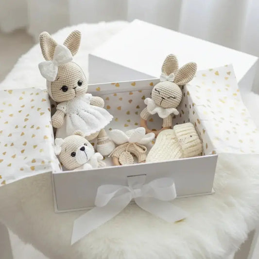 Handmade Crochet Bunny in Fancy White Dress Toy Gift Set (5pc)
