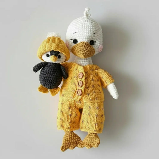 Handmade Crochet Cute Duck in Yellow Jumpsuit with Her Small Penguin Toys 2pc