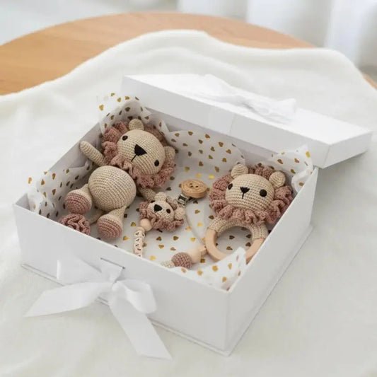 Handmade Crochet Lion Toy Gift Set (3pc) - Personalised Dummy Clip