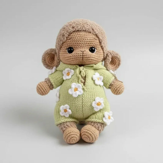Handmade Crochet Sheep Toy in Fancy Daisy Green Jumpsuite