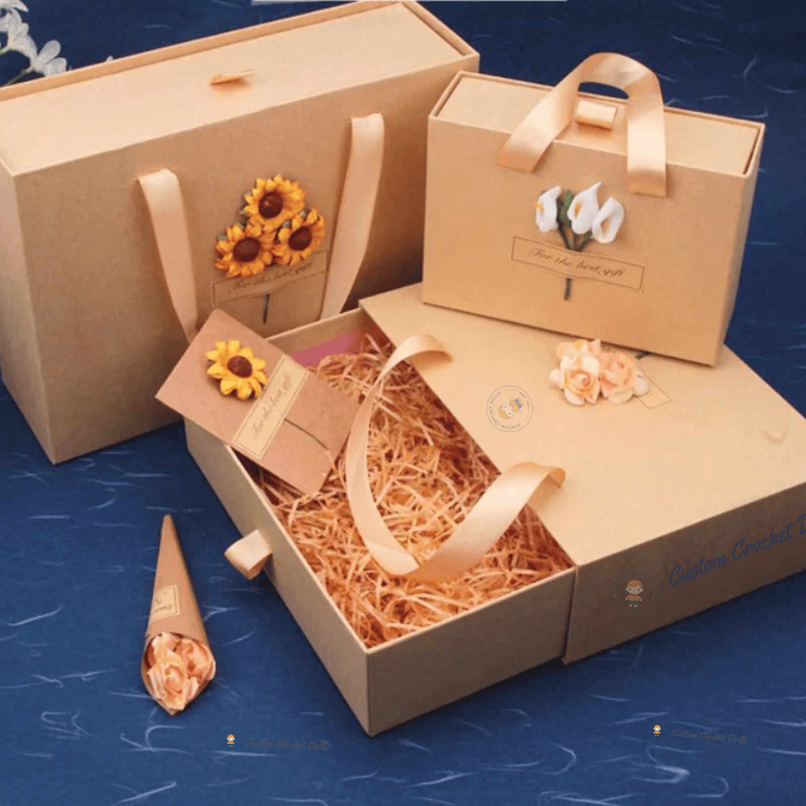 Gift box with sunflower decorations on a blue textured background