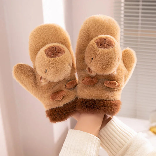 Cozy Capybara and Penguin Plush Winter Mittens