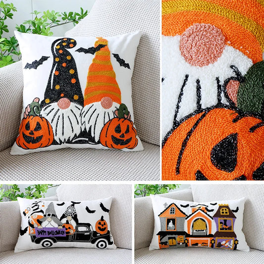 Halloween Pillow Cover Embroidered Pumpkin And Gnomes
