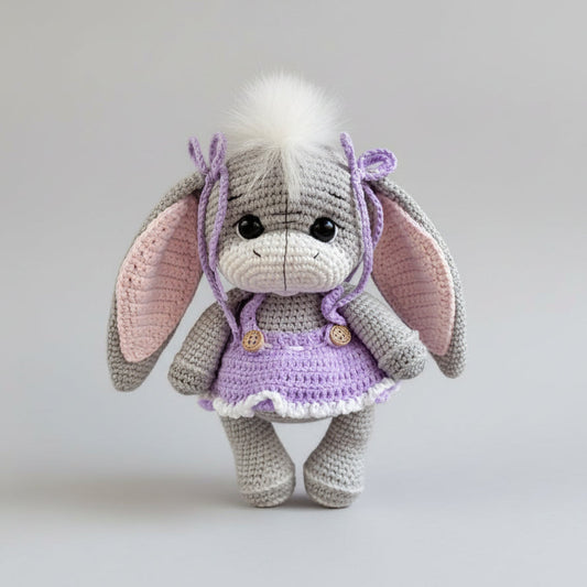 Crochet Adorable Long Pink Ear Donkey in Purple Hoodie