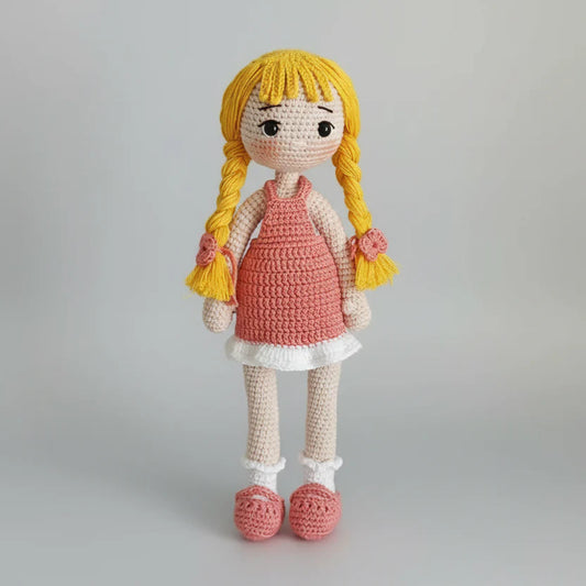 Crochet Cute Blonde Girl in Light Pink Dress Doll