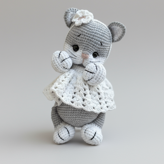 Crochet Cute Kitten Toy with Fancy White Dress