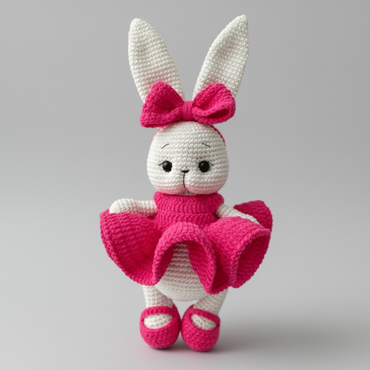 Crochet Cute Long Ear Bunny in Fuchsia Dress Toy