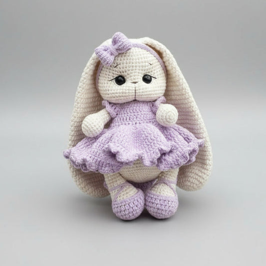 Crochet Cute Long Ear Bunny Toy with Fancy Purple Dress