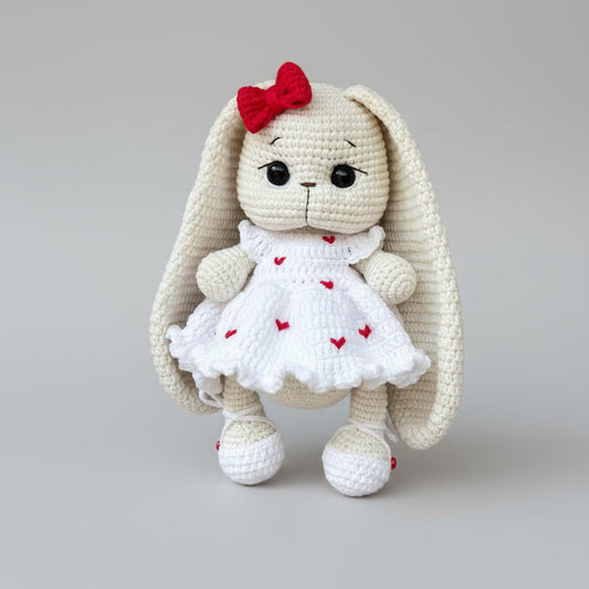 Crochet Cute Long Ear Bunny Toy with Fancy White Dress and Heart Details