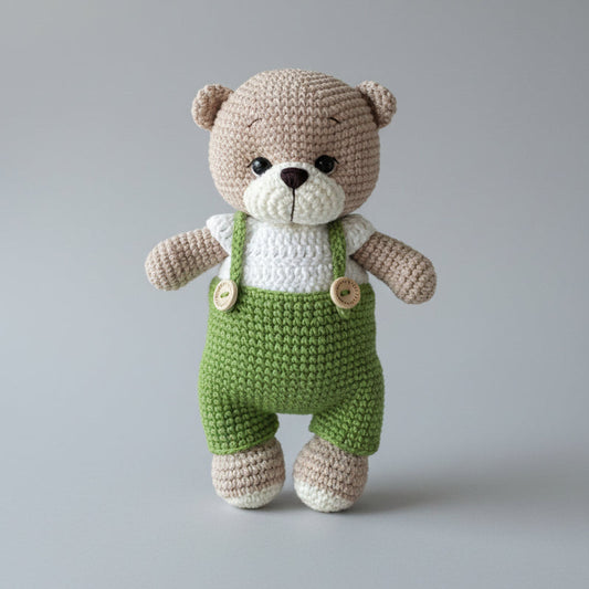 Crochet Cute Teddy Bear Toy with Green Jumpsuit