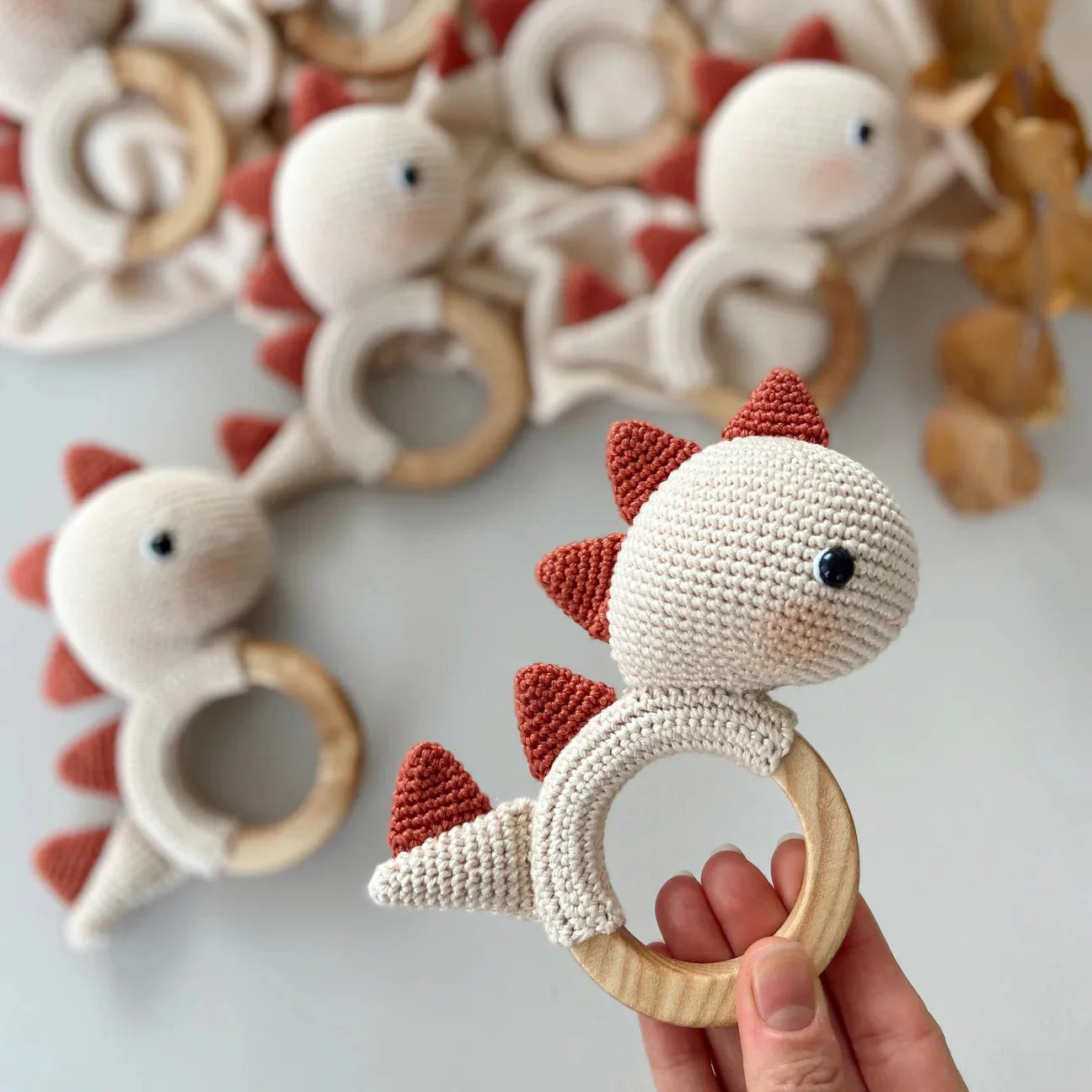 Crochet Dino Rattle Toy with Bell - Joy Gift London