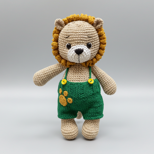 Crochet Cute Lion with Green Jumpsuit Toy
