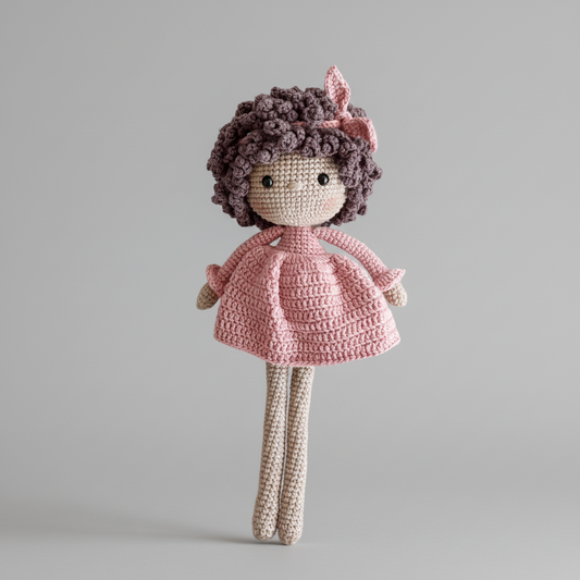 Curly Hair Doll in Pink Dress – Handmade Crochet Toy