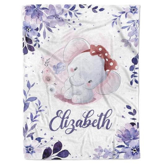 Personalized Baby Girl Blanket with Name – Custom Elephant & Floral Design in Soft Fleece (Elizabeth)