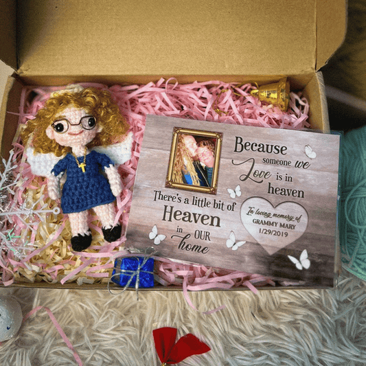 Personalized Crochet Doll with Photo Card "Because Someone We Love Is In Heaven"