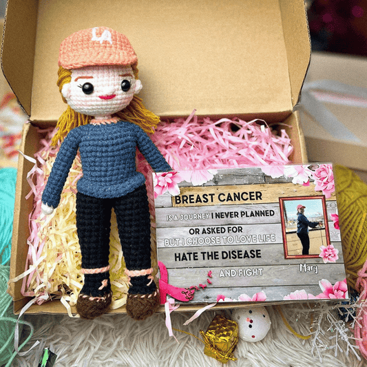 Personalized Crochet Doll with Photo Card "Breast Cancer Is A Journey I Never Planned"