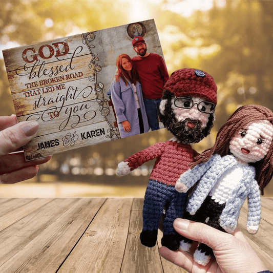 Personalized Crochet Doll with Photo Card "God Blessed The Broken Road"