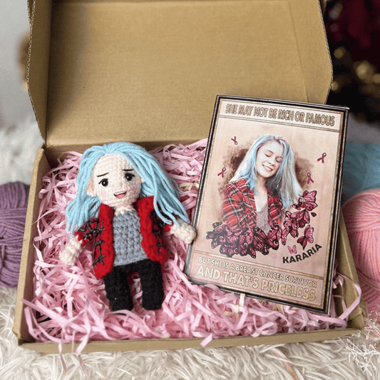 Personalized Crochet Doll with Photo Card "She May Not Be Rich Or Famous"
