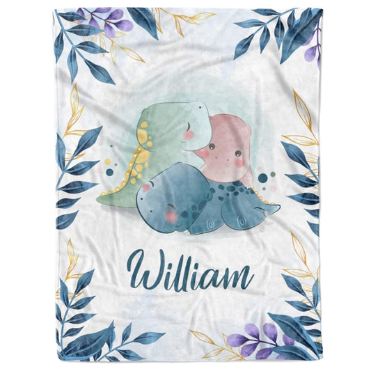 Custom Baby Boy Blanket with Name – Dinosaur & Leaf Design