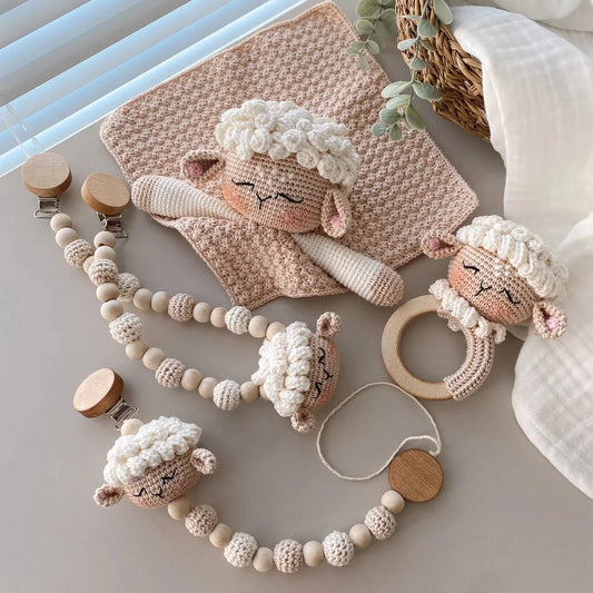 Handmade Crochet Cute Sheep Toy Gift Set (4pc) - Pram Toy Clip, Dummy Clip, Sleeping Mate