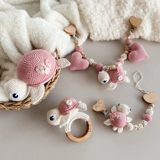 Handmade Crochet Cute Turtle Toy Gift Set (4pc) - Personalised Dummy Clip, Pram Toy Clip