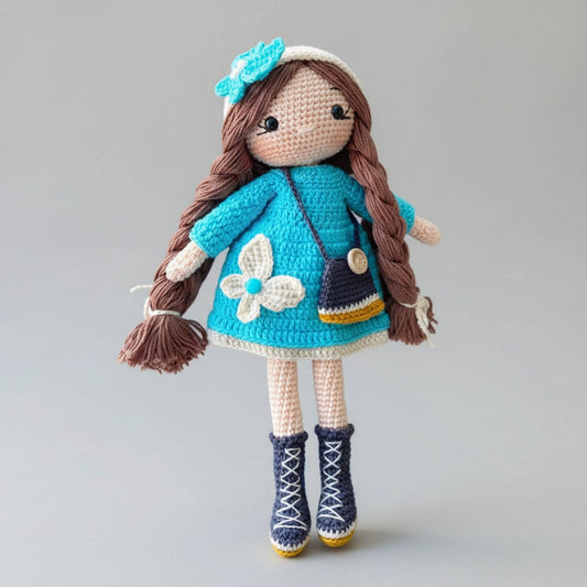 Handmade Crochet Doll with Fancy Blue Dress – Long-Haired Girl with Braids