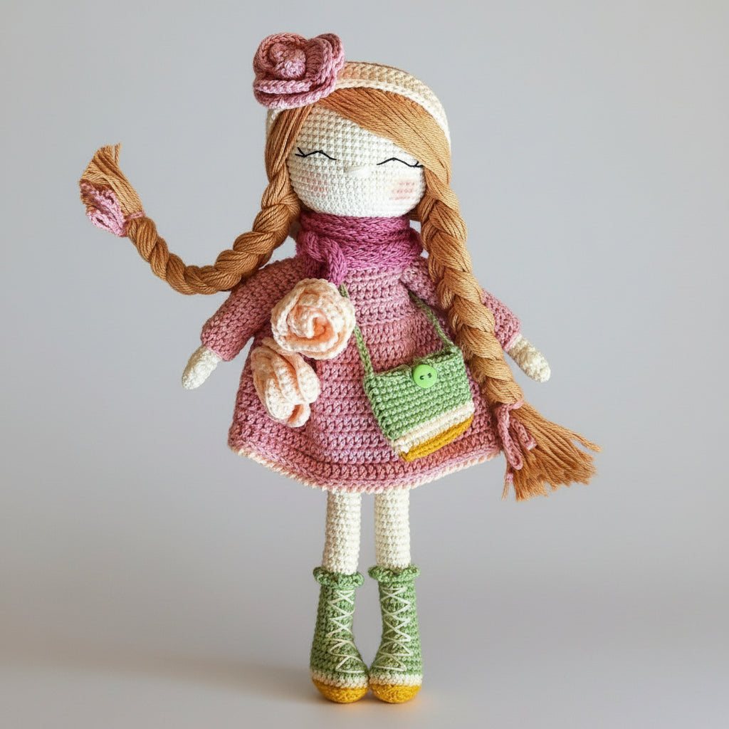 Handmade Crochet Doll with Fancy Dress – Long - Haired Girl with Braids - Joy Gift London