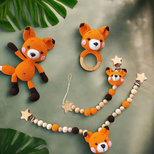 Handmade Crochet Fox Toy Gift Set (4pc) - Dummy Clip, Pram Toy Clip, Rattle Toy