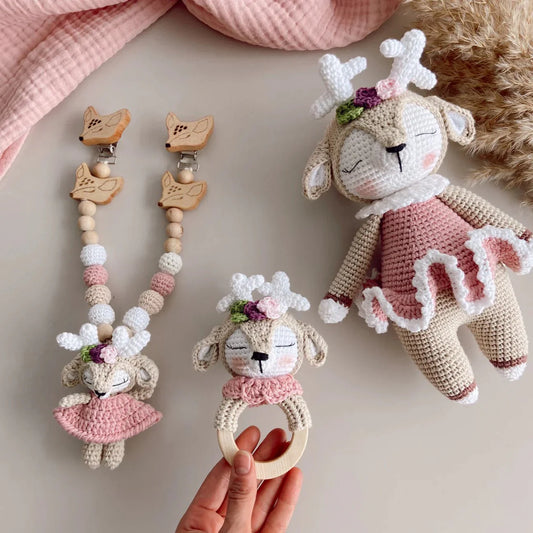 Handmade Crochet Reindeer Toy Gift Set (3pc) - Pram Toy Clip, Rattle Toy
