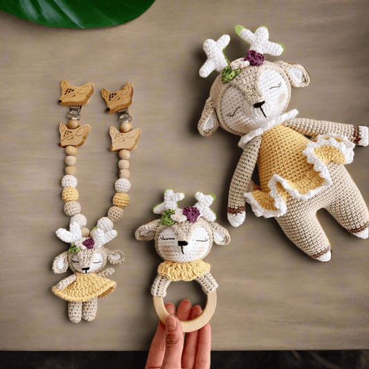 Handmade Crochet Reindeer Toy Gift Set (3pc) - Pram Toy Clip, Rattle Toy