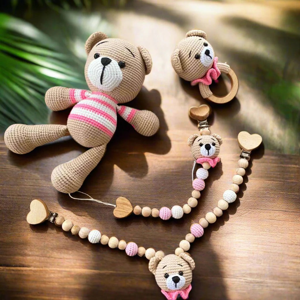 Handmade Crochet Teddy Bear Toy Gift Set (4pc) - Rattle Toy, Dummy Clip, Pram Toy Clip - Joy Gift London